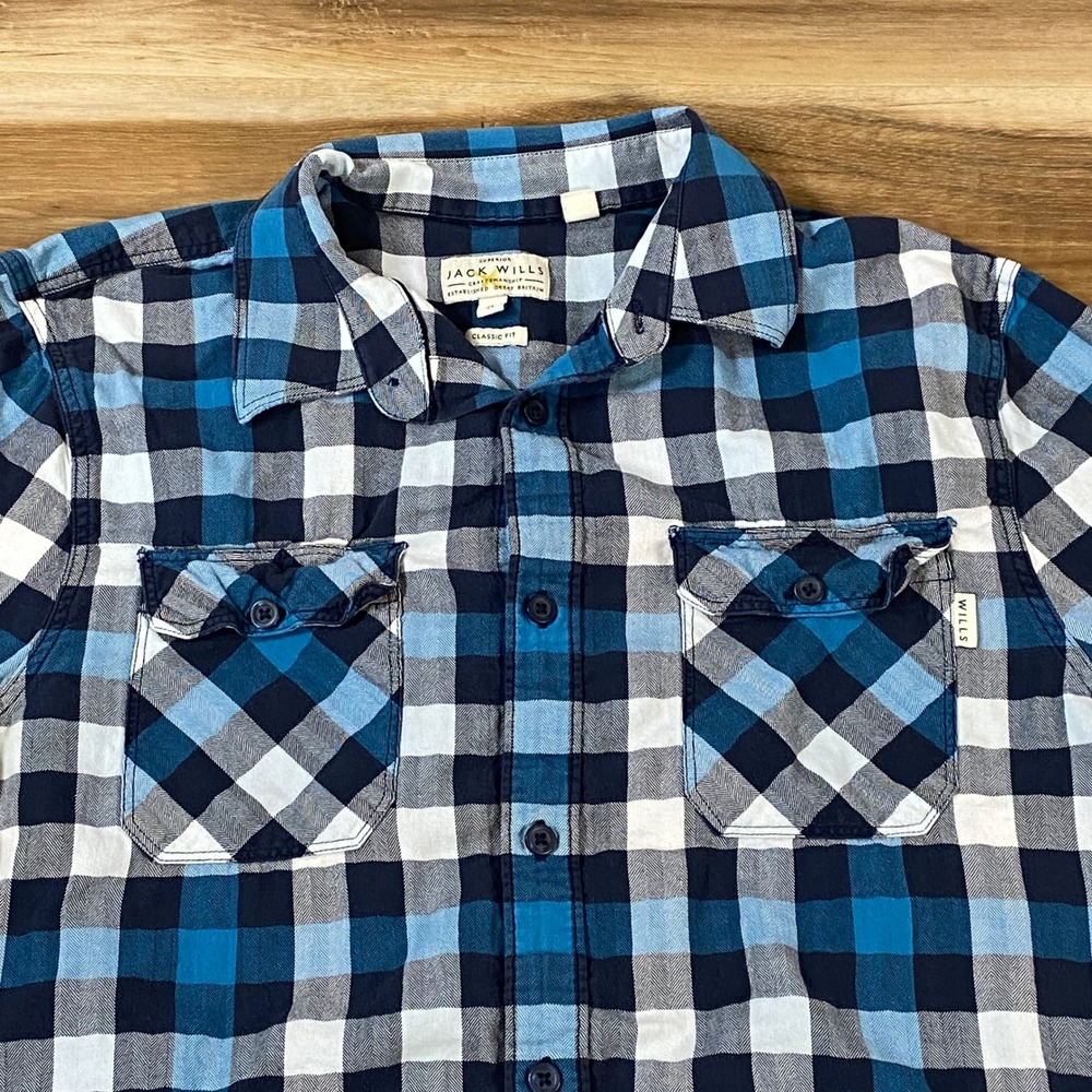Jack Wills Button Down Shirt Mens Medium Classic Fit Plaid Buffalo Check Blue